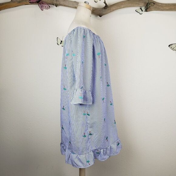 Espresso striped ruffle shift dress with palm tree - Picture 5 of 6